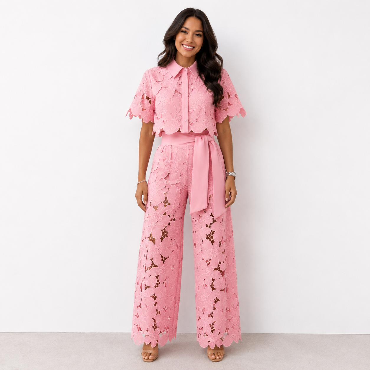 Ensemble Femme Fluide Dentelle Florale Coupe Élégante