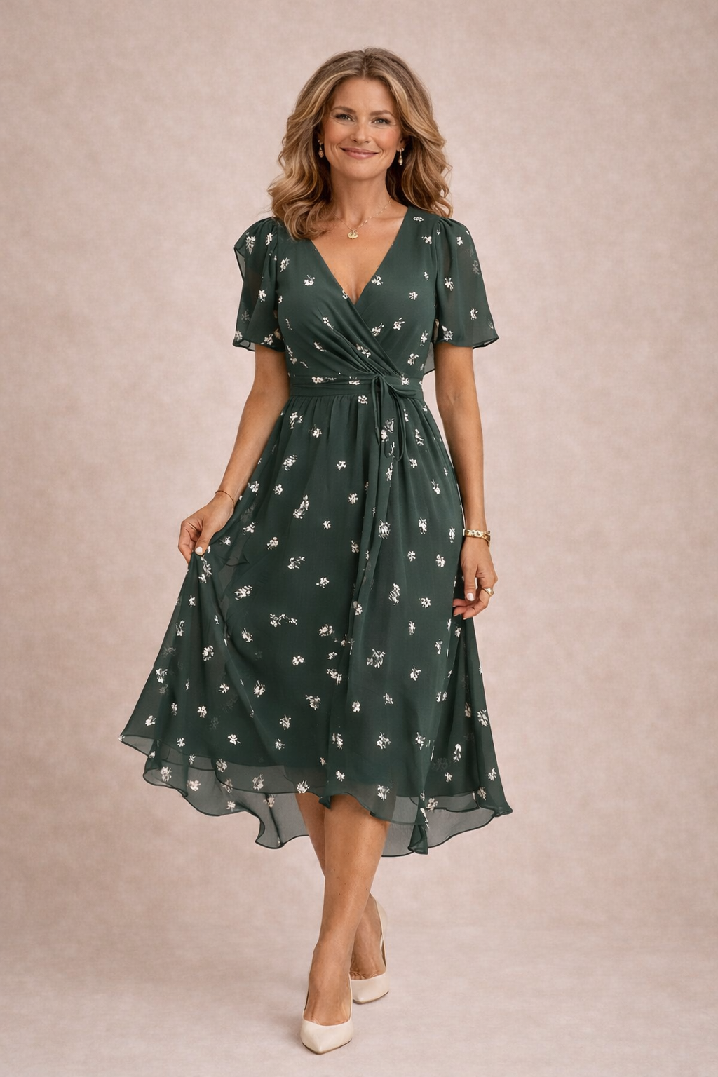 Robe Midi Femme Chiffon Fluide Col V Manches Courtes