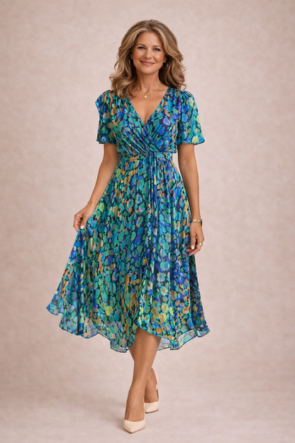 Robe Midi Femme Chiffon Fluide Col V Manches Courtes - PanierRoyale