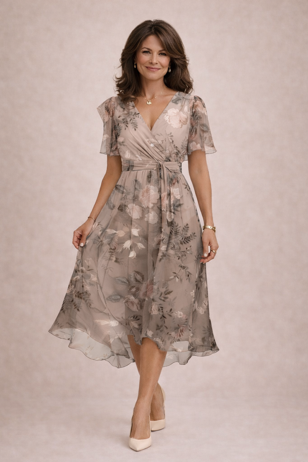Robe Midi Femme Chiffon Fluide Col V Manches Courtes