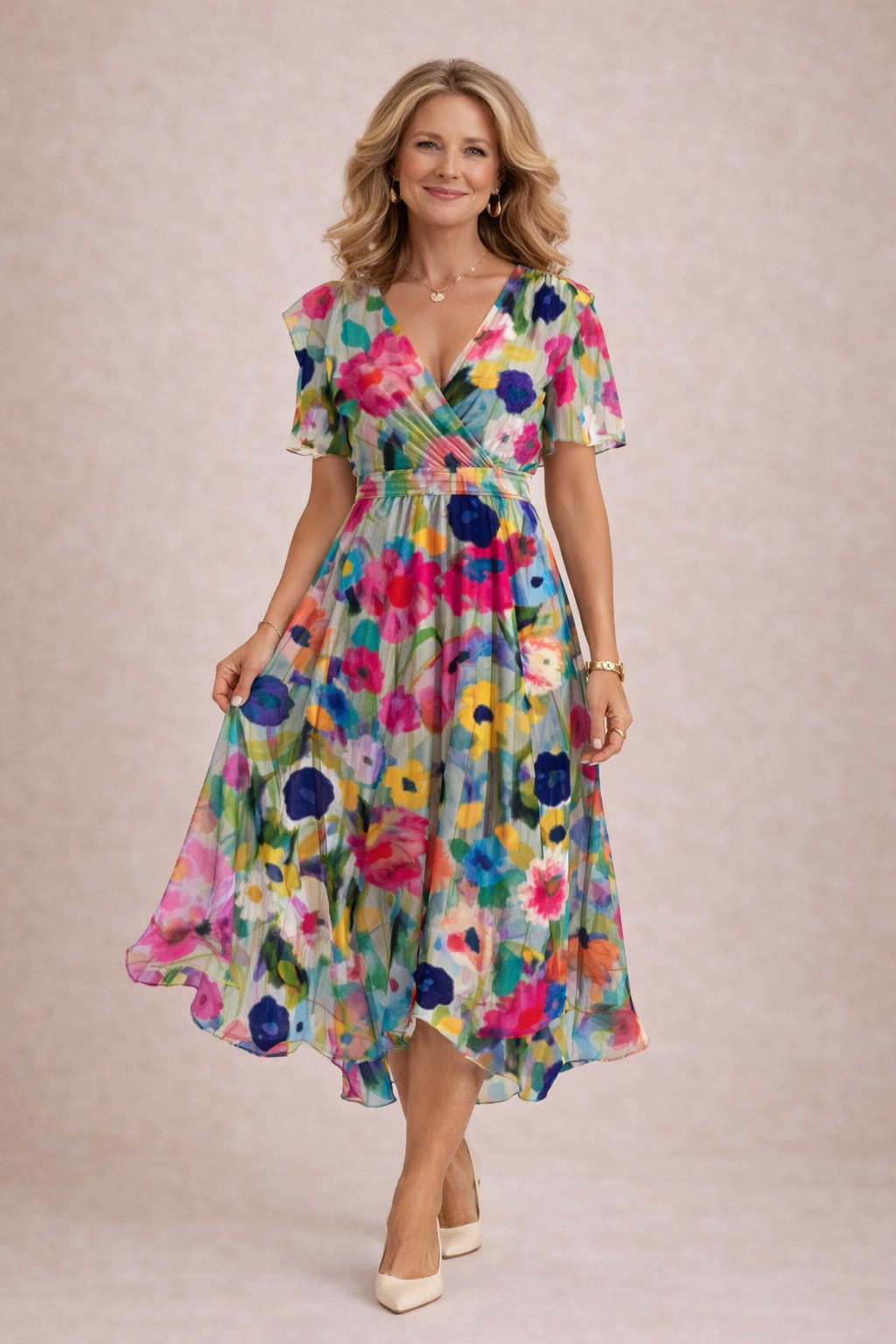 Robe Midi Femme Chiffon Fluide Col V Manches Courtes
