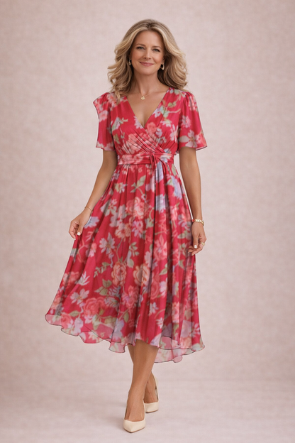 Robe Midi Femme Chiffon Fluide Col V Manches Courtes