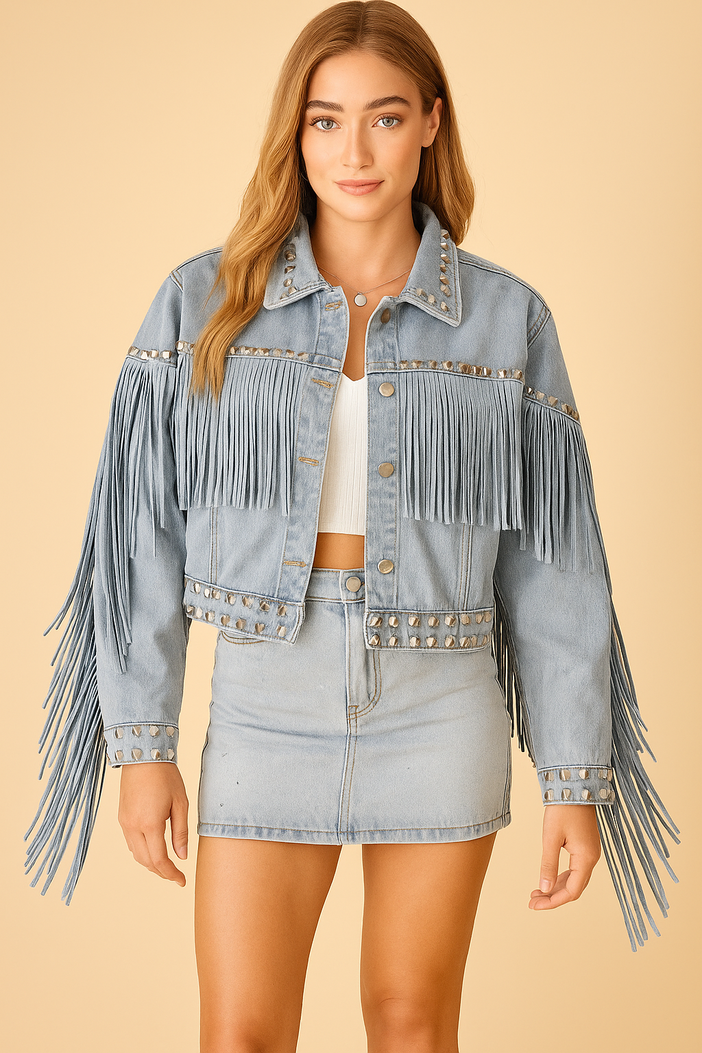 Veste Femme Denim avec Franges et Clous Coupe Bohème - PanierRoyale