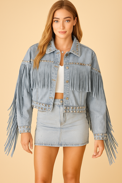 Veste Femme Denim avec Franges et Clous Coupe Bohème - PanierRoyale