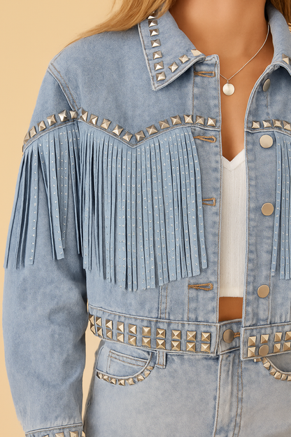 Veste Femme Denim avec Franges et Clous Coupe Bohème