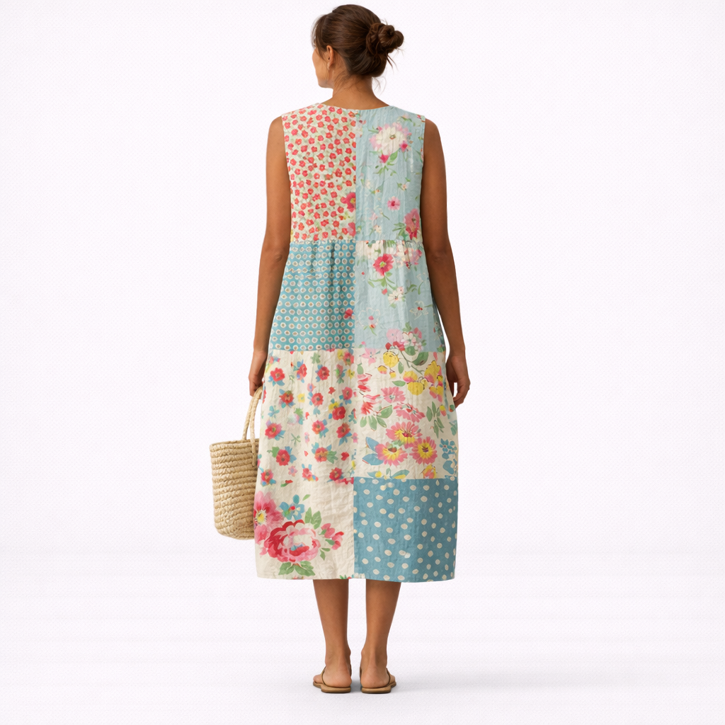 Robe midi Femme Coton Viscose Sans Manches Patchwork