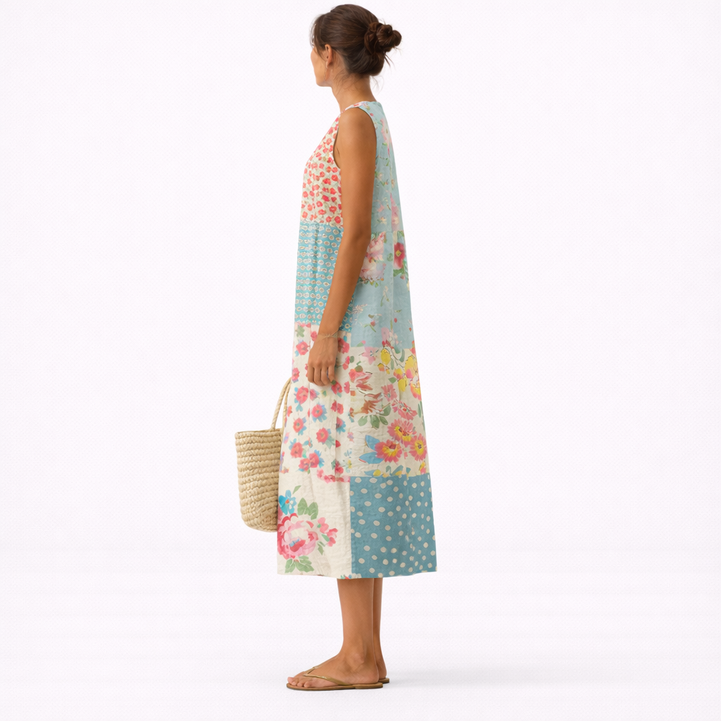 Robe midi Femme Coton Viscose Sans Manches Patchwork