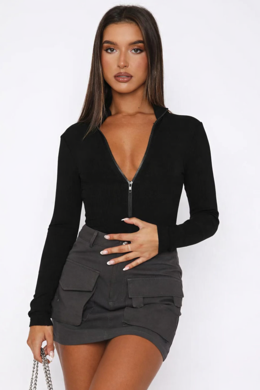 Body Femme Ajusté Col en V Zippé