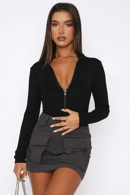 Body Femme Ajusté Col en V Zippé