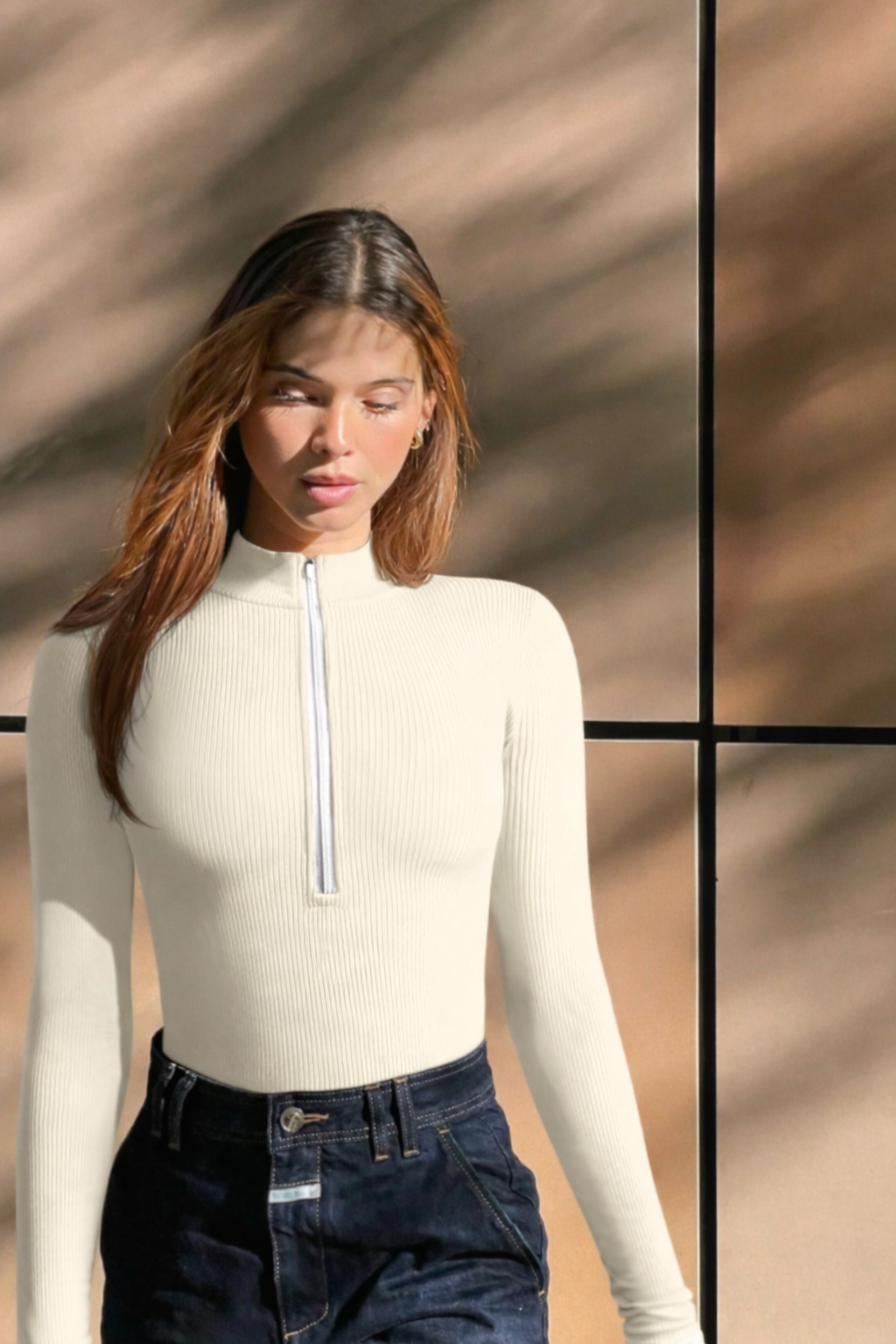Body Femme Ajusté Col en V Zippé