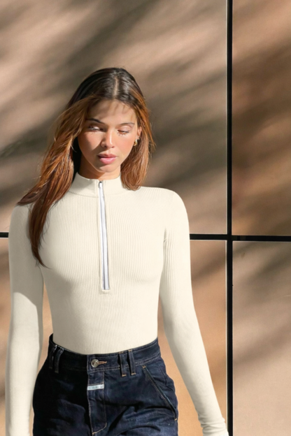 Body Femme Ajusté Col en V Zippé