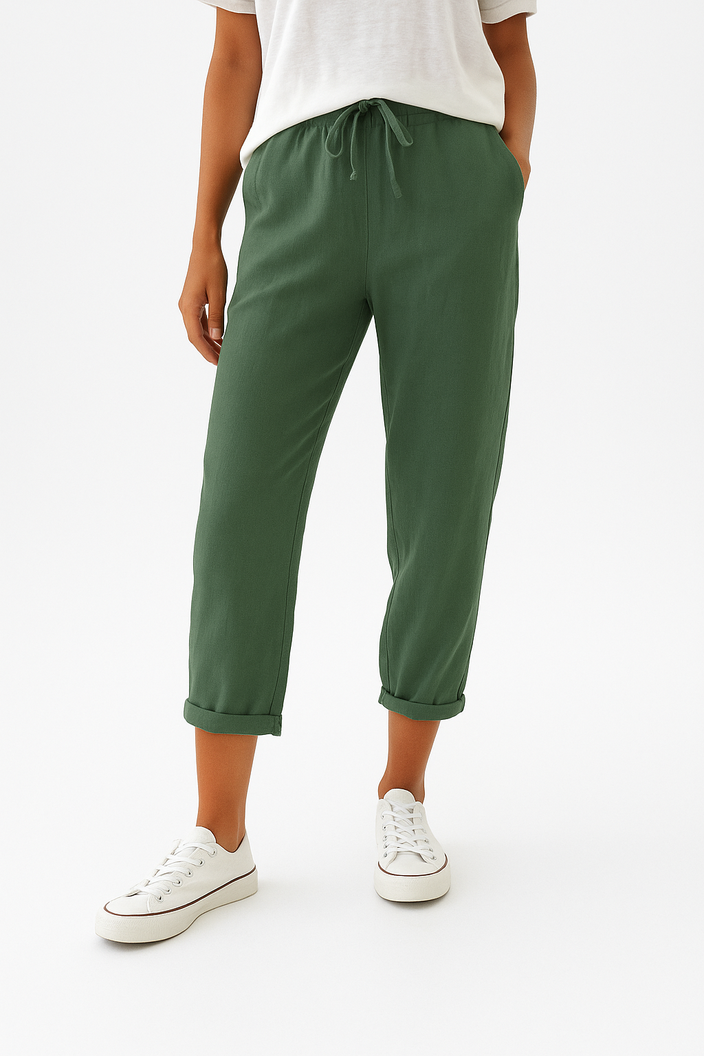 Pantalon Lin Décontracté Beige Féminin