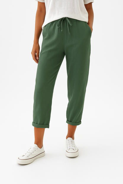 Pantalon Lin Décontracté Beige Féminin