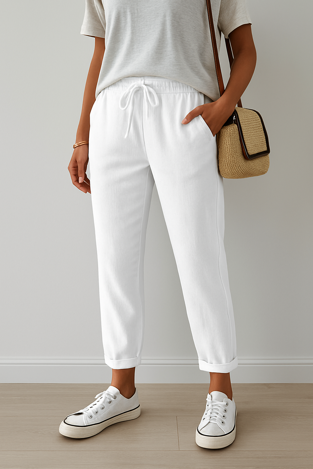 Pantalon Lin Décontracté Beige Féminin
