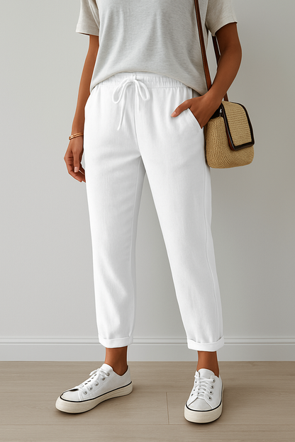 Pantalon Lin Décontracté Beige Féminin