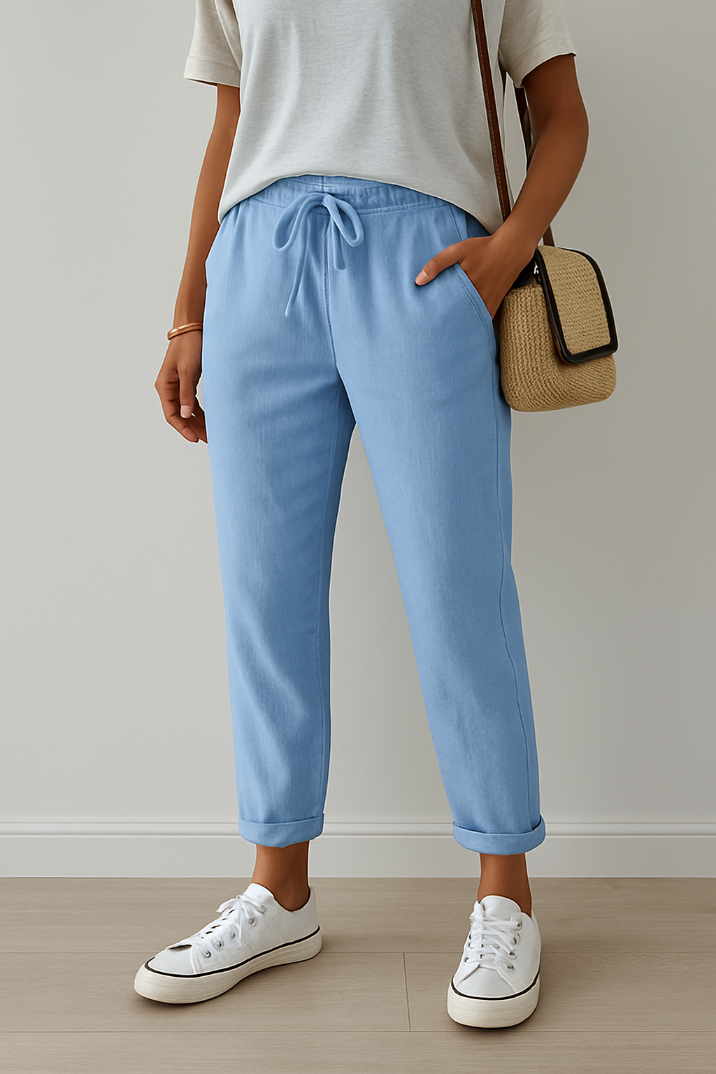 Pantalon Lin Décontracté Beige Féminin