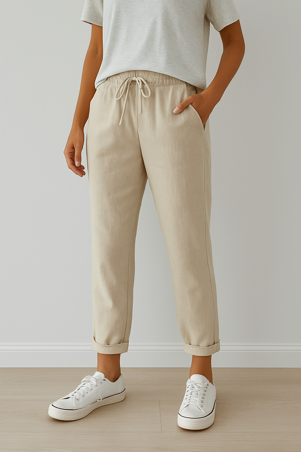 Pantalon Lin Décontracté Beige Féminin - PanierRoyale