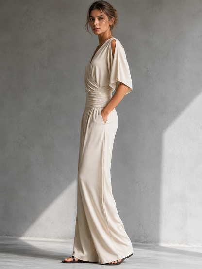 Combinaison Femme Col V Croisé Pantalon Large