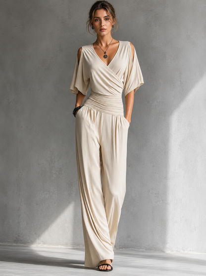 Combinaison Femme Col V Croisé Pantalon Large - PanierRoyale