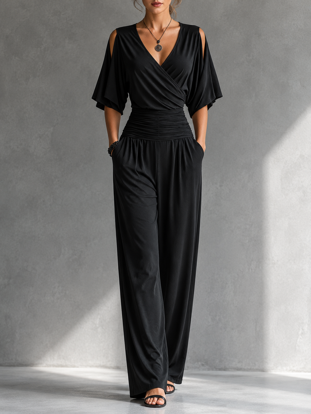 Combinaison Femme Col V Croisé Pantalon Large