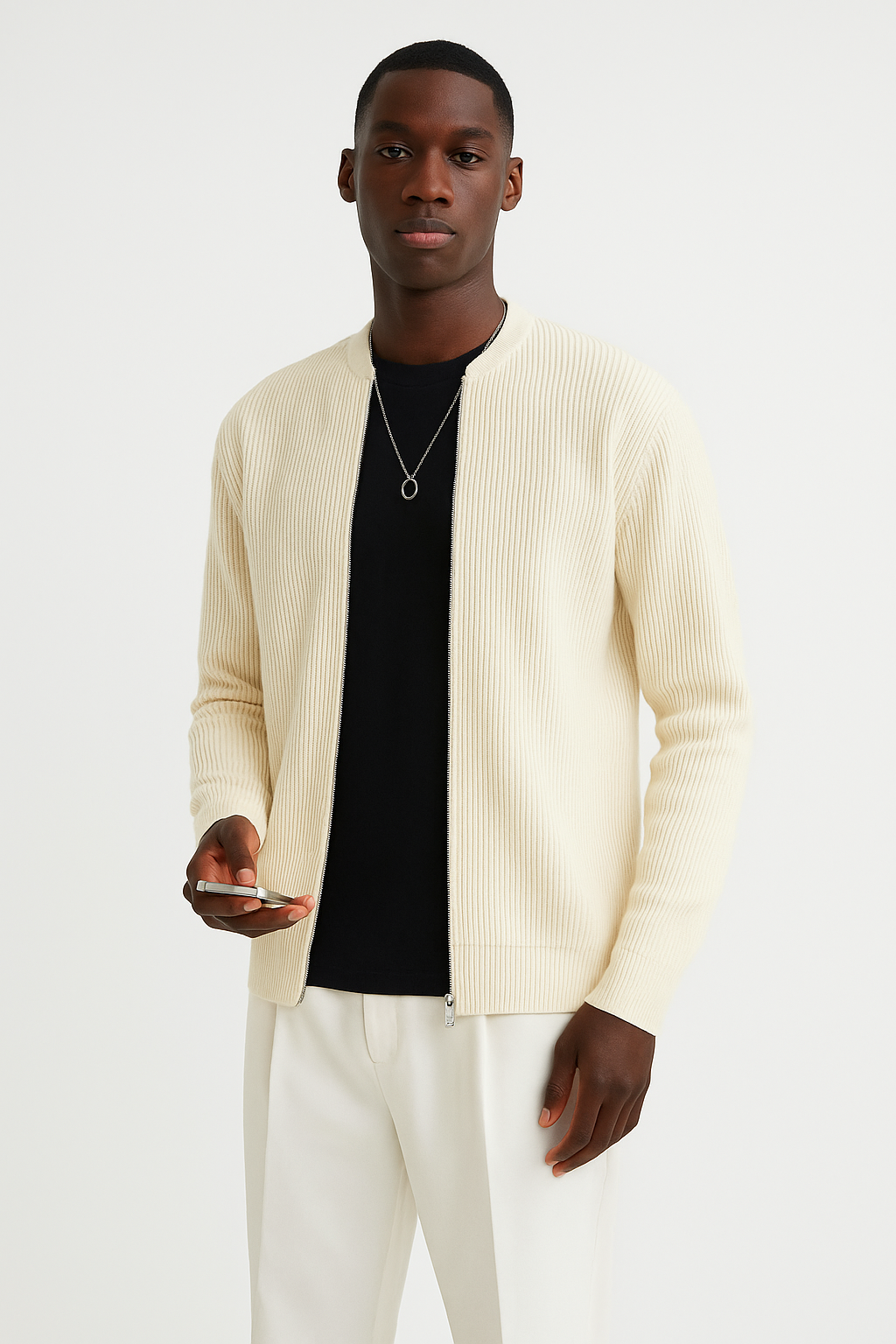 Pull Homme Tricoté Col Rond Zipper Élastique