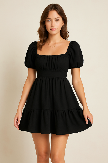 Robe Femme Chic - Col V, Manches Bouffantes et Jupe Flottante en Dentelle - PanierRoyale