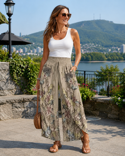 Pantalon Large Femme Coton Taille Froncée Cordon - PanierRoyale