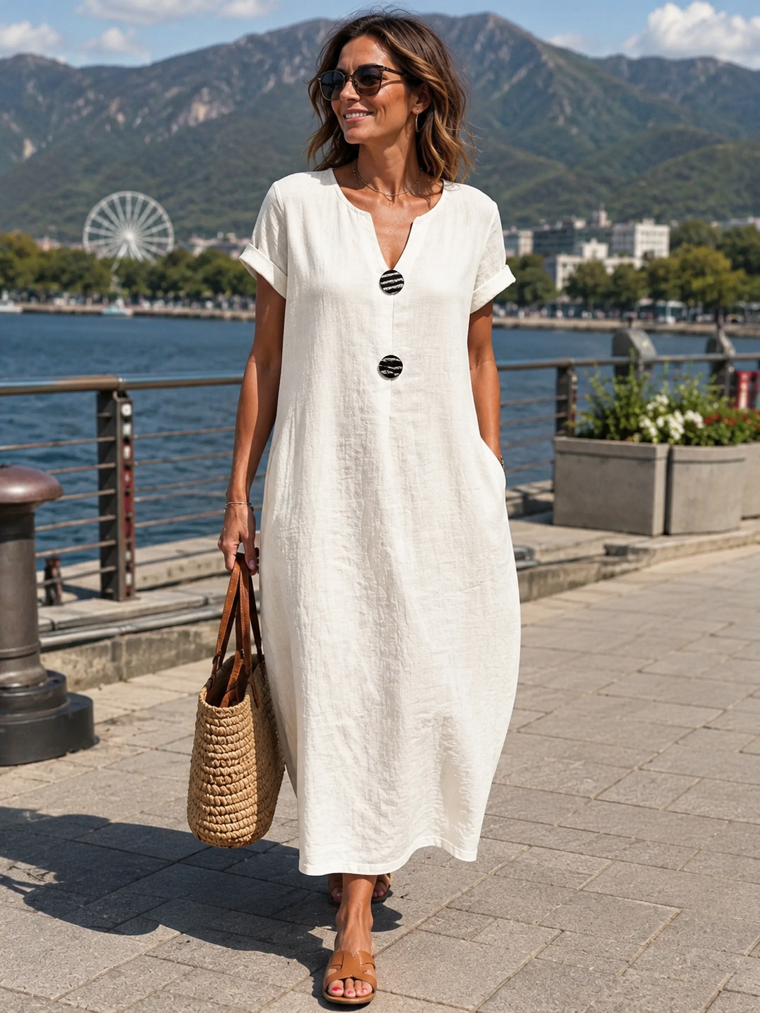 Robe longue Femme Coupe ample Col fendu Boutons décoratifs - PanierRoyale