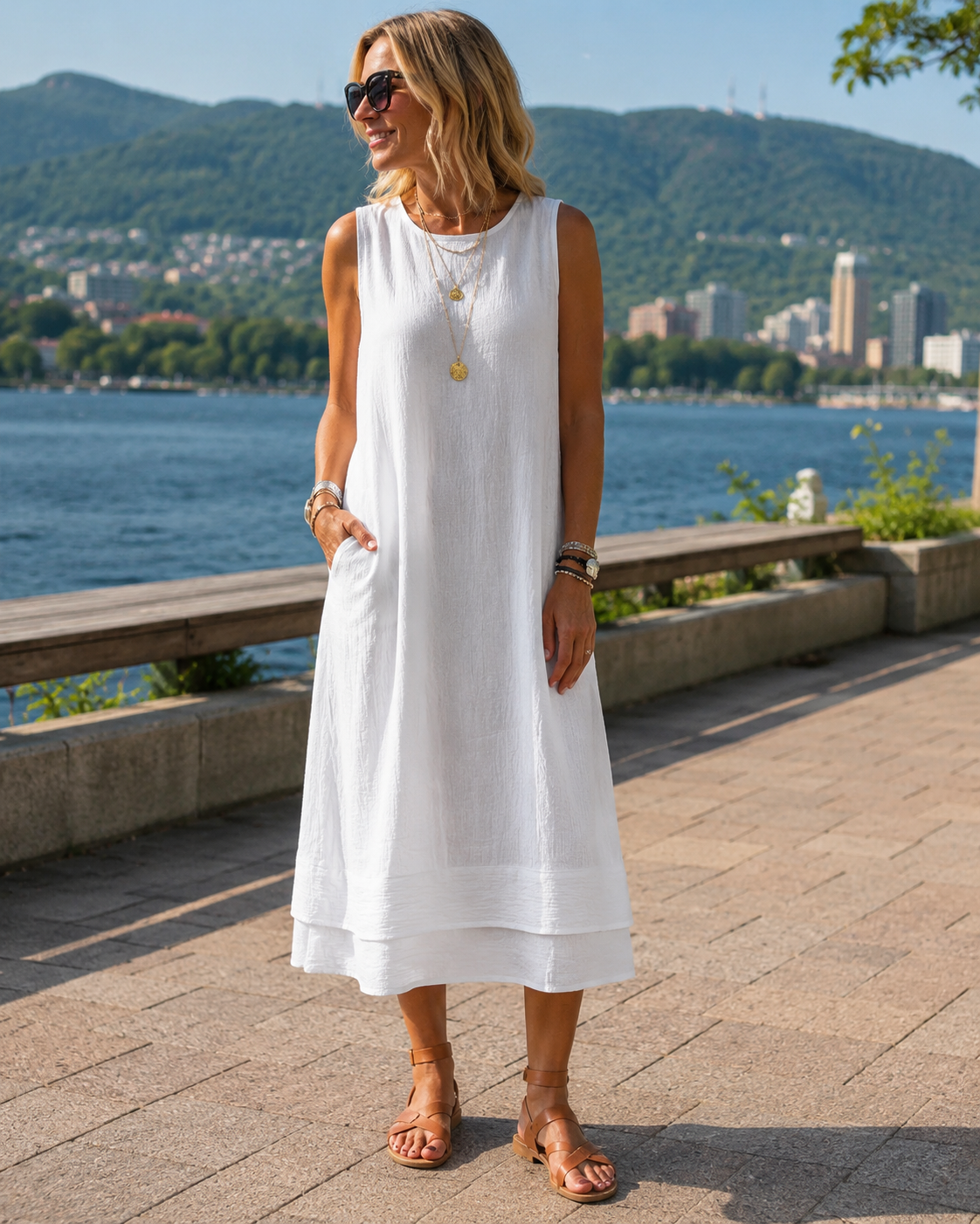 Robe midi Femme Sans Manches Volants Coupe Aline - PanierRoyale