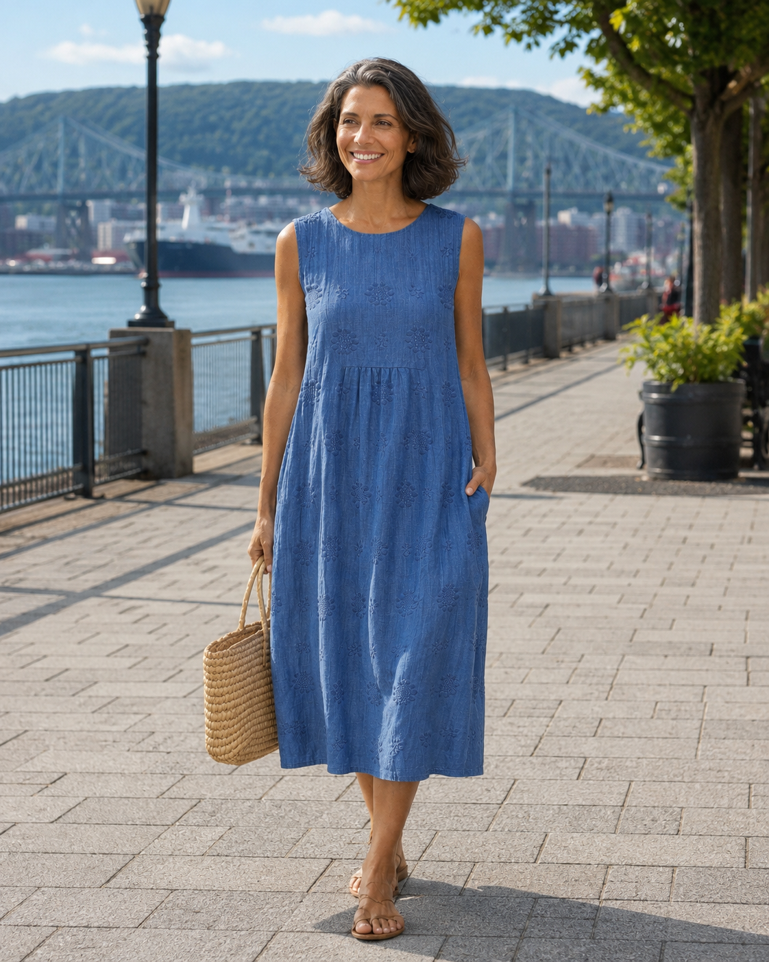 Robe midi Femme Broderie Sans Manches Poches - PanierRoyale