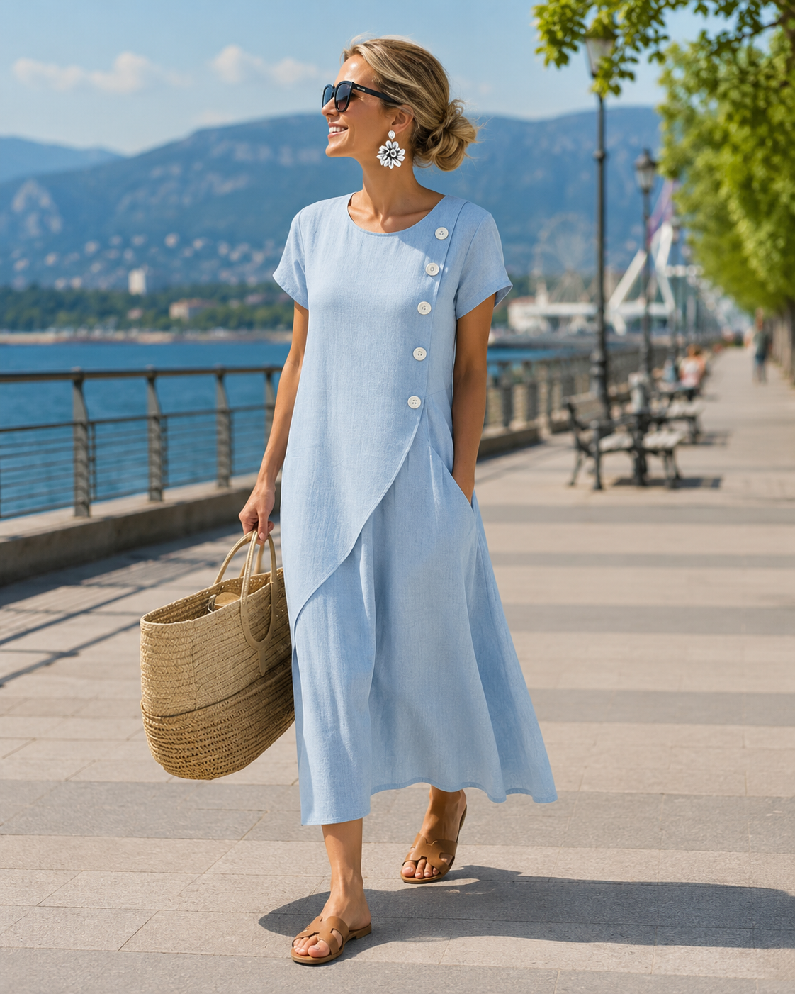 Robe midi Femme Coton Lin Boutons Asymétriques