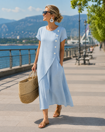 Robe midi Femme Coton Lin Boutons Asymétriques