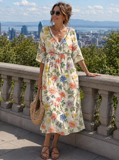 Robe midi Femme Coton Lin Col en V Imprimé Floral - PanierRoyale