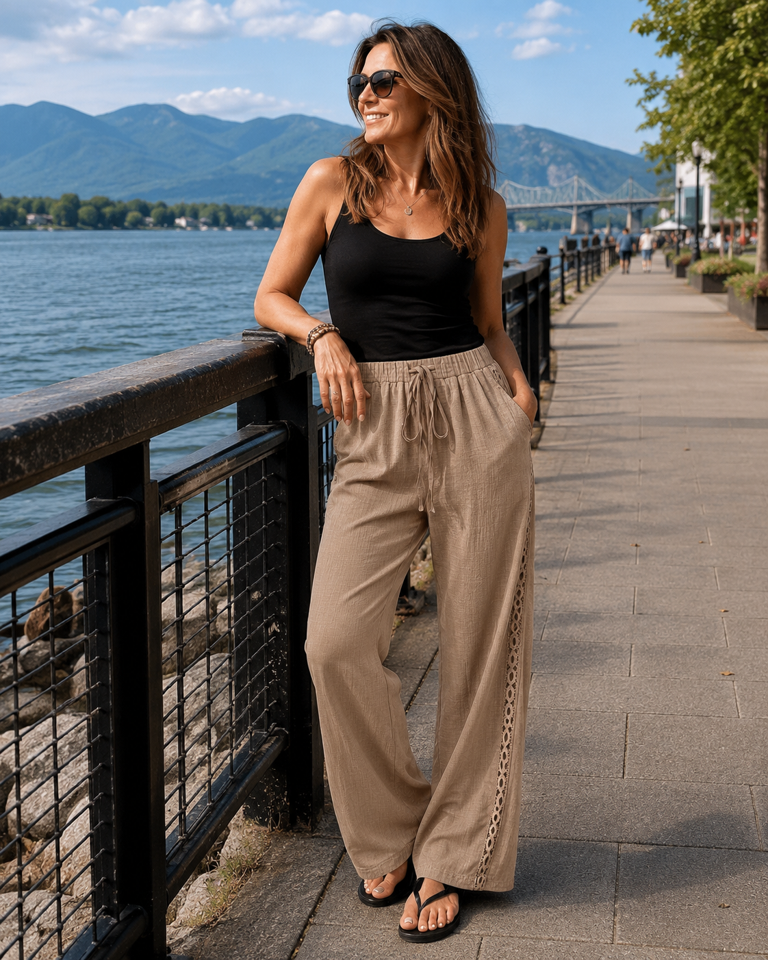 Pantalon Femme Fluide Dentelle Latérale Cordon Taille Ajustable - PanierRoyale