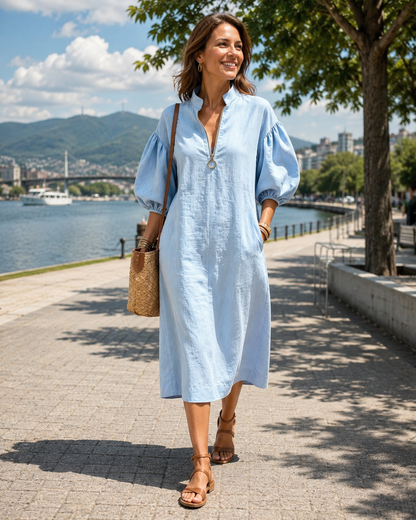 Robe Femme Fluide Manches Bouffantes Col Zippé