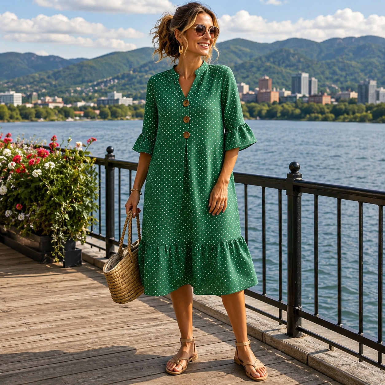 Robe midi Femme Mousseline Manches Volantées