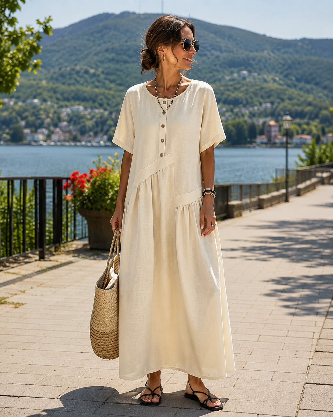 Robe maxi Femme Coton Lin Boutons Poches