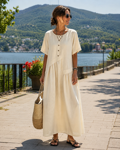 Robe maxi Femme Coton Lin Boutons Poches