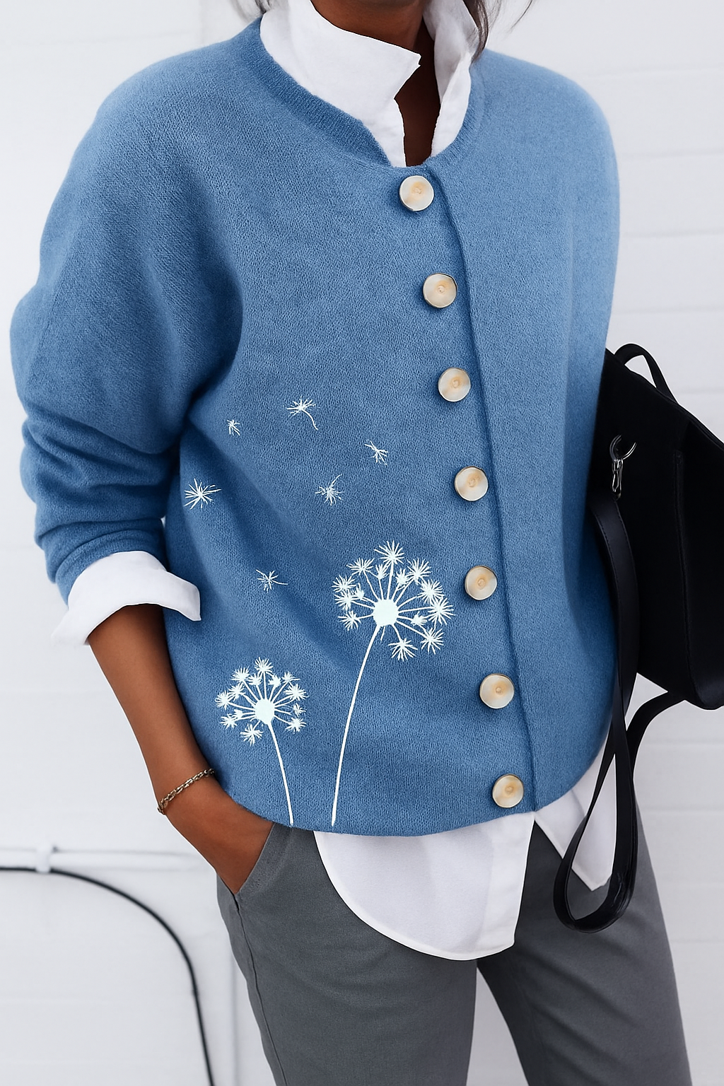 Cardigan femme décontracté en tricot avec imprimé floral et boutons - PanierRoyale