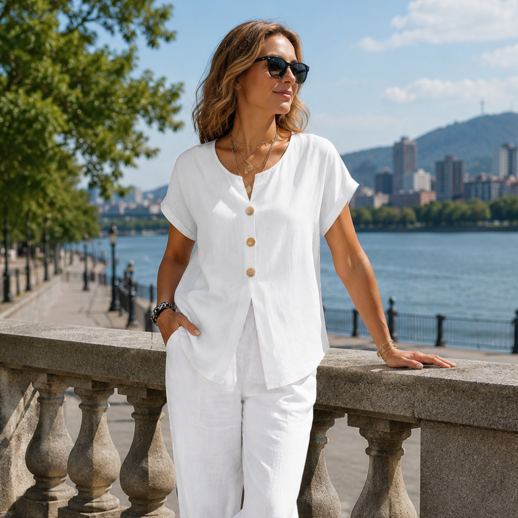 T-shirt Femme Coton Col en V Boutons Décoratifs