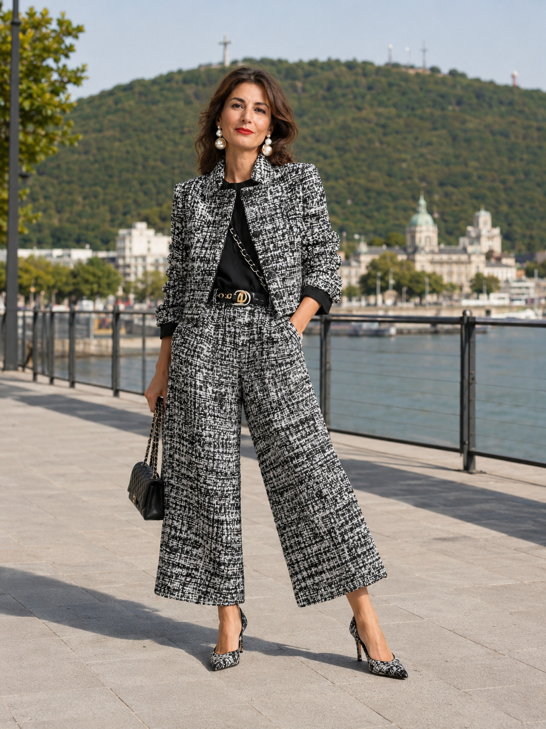 Ensemble Femme Tweed Veste Courte Pantalon Large - PanierRoyale