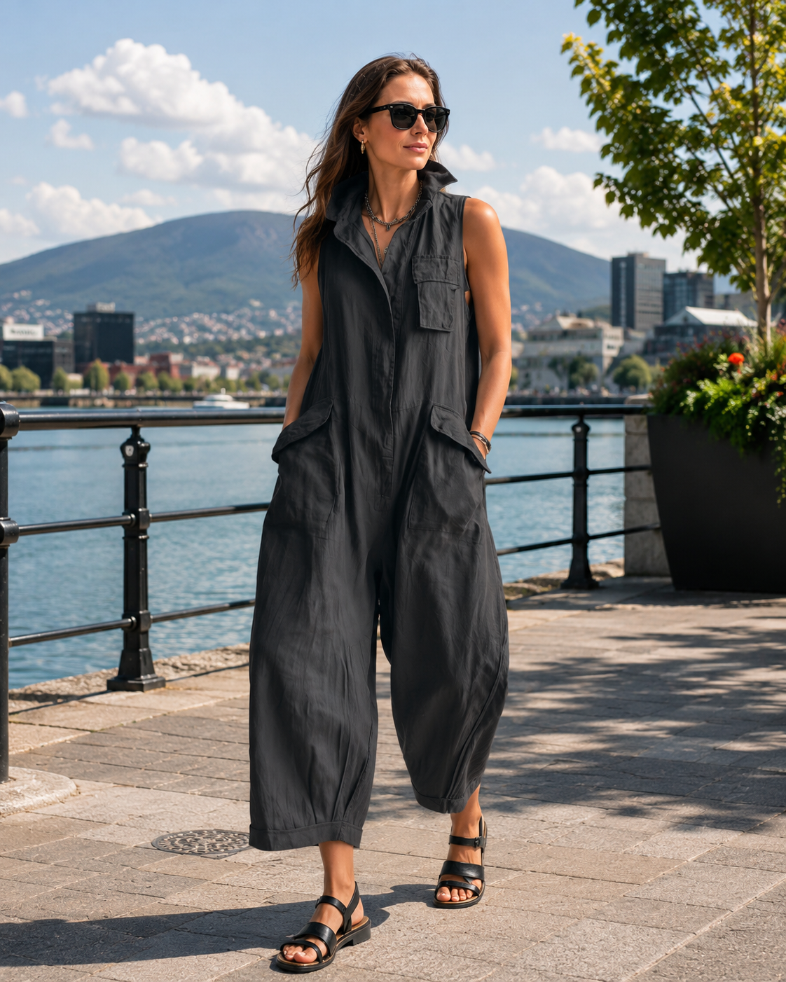 Combinaison Femme Sans Manches Coupe Oversize Poches Utilitaires - PanierRoyale