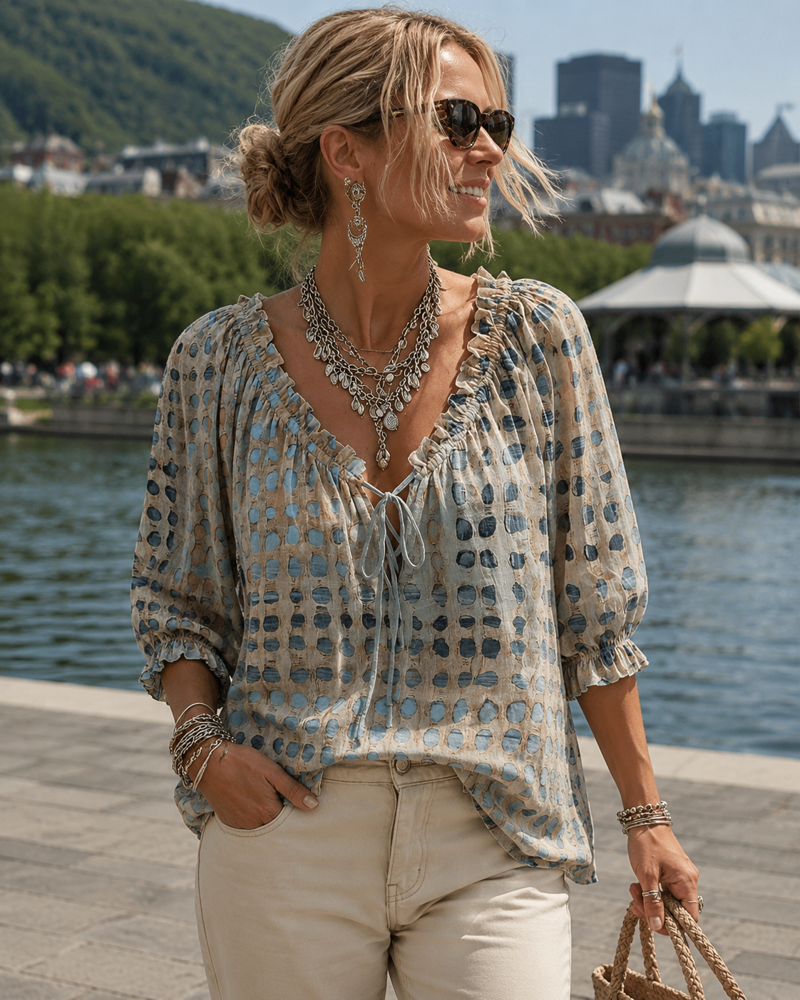 Blouse Femme Coton Col V Noué Style Bohème - PanierRoyale