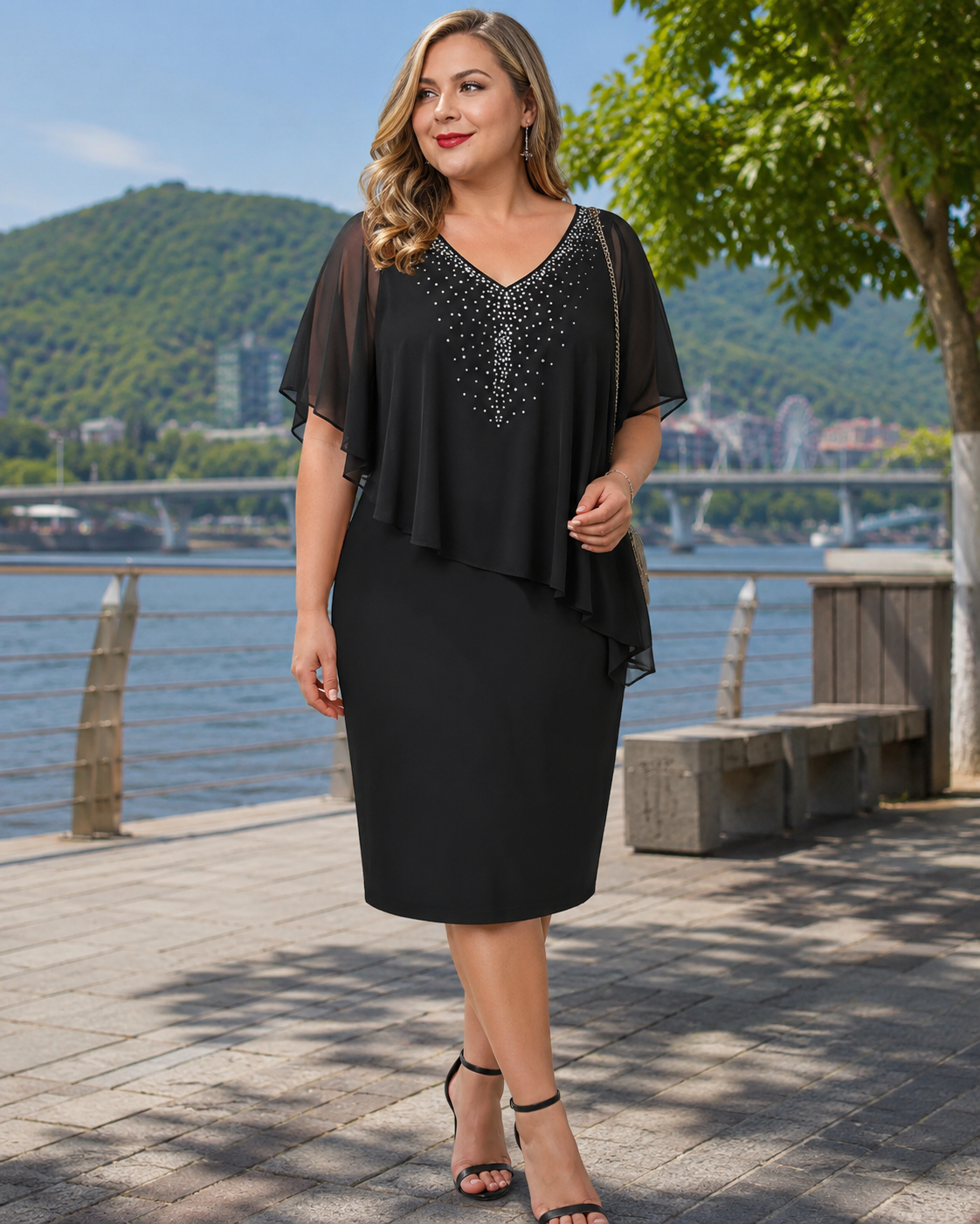 Robe cape Femme Mousseline Superposée Strass - PanierRoyale