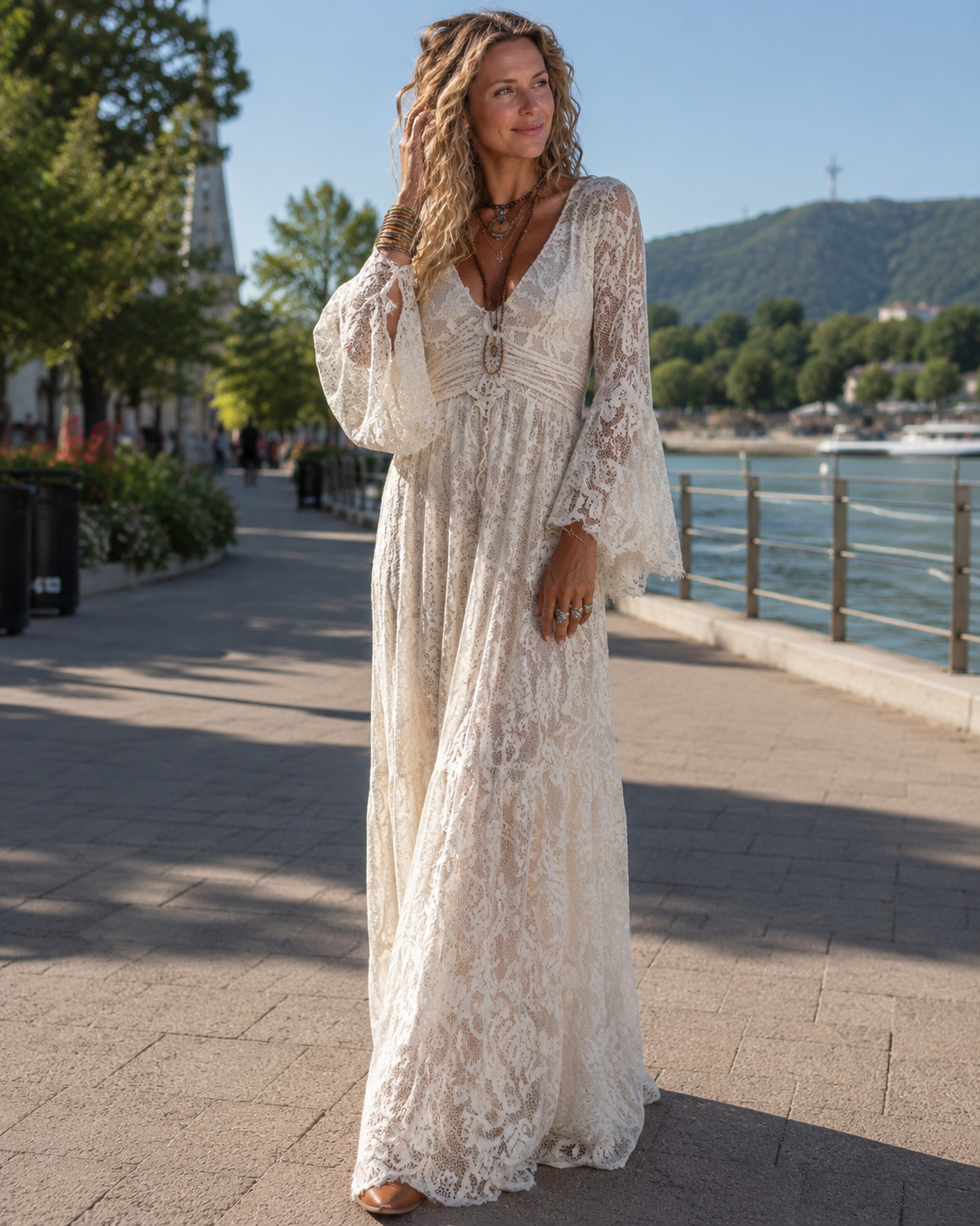 Robe longue Femme Dentelle Vintage Manches évasées - PanierRoyale