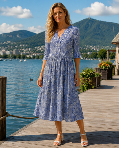 Robe midi Femme Col en V Manches trois-quarts Imprimée - PanierRoyale