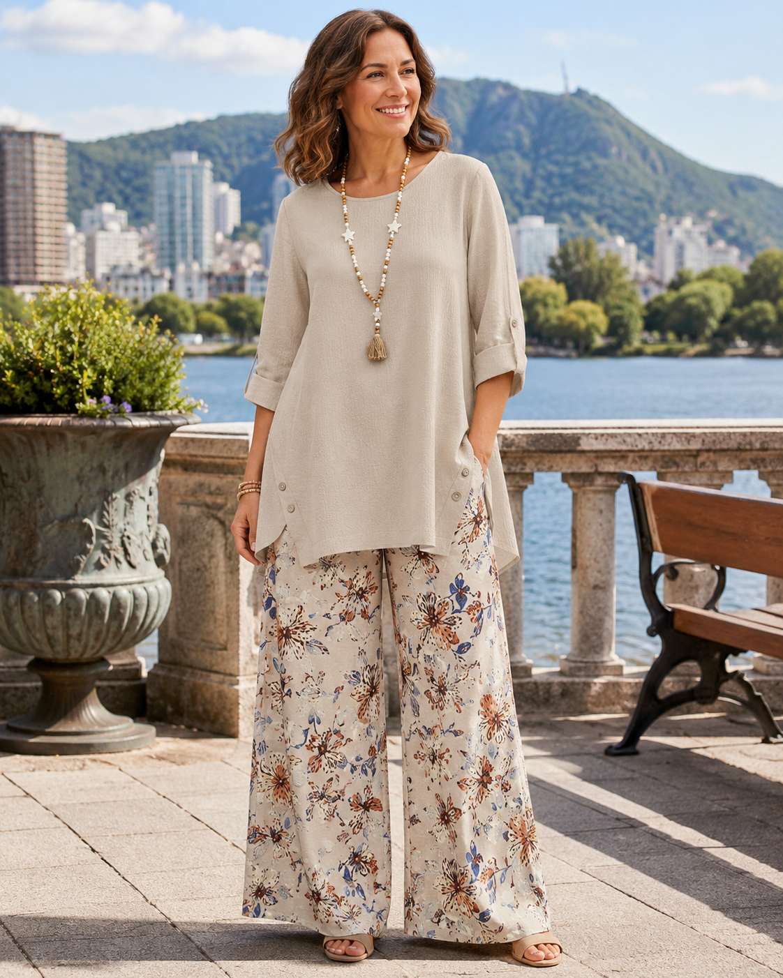 Ensemble Deux Pièces Femme Coton Lin Pantalon Floral Coupe Droite - PanierRoyale