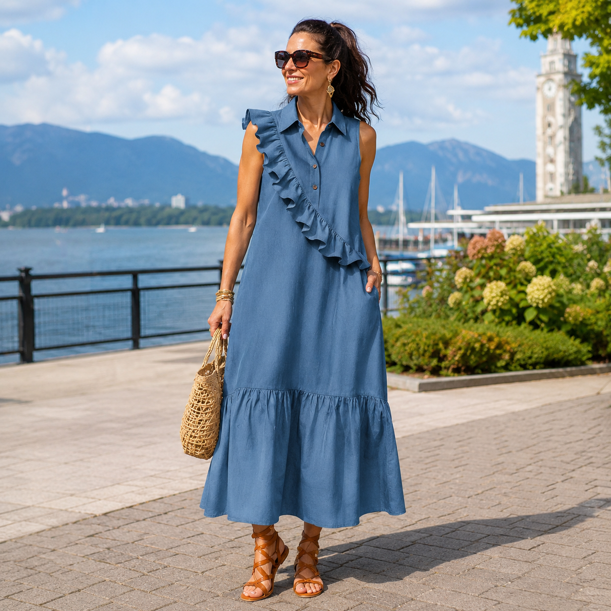 Robe longue Femme Volants Asymétriques Col Polo