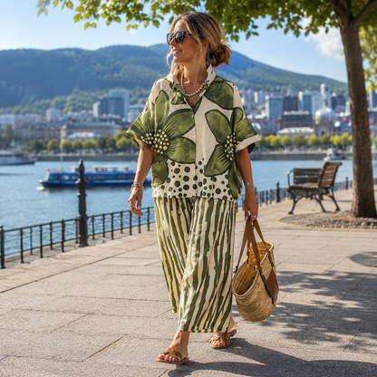 Ensemble Femme Haut Botanique et Pantalon Rayé Coupe Droite - PanierRoyale