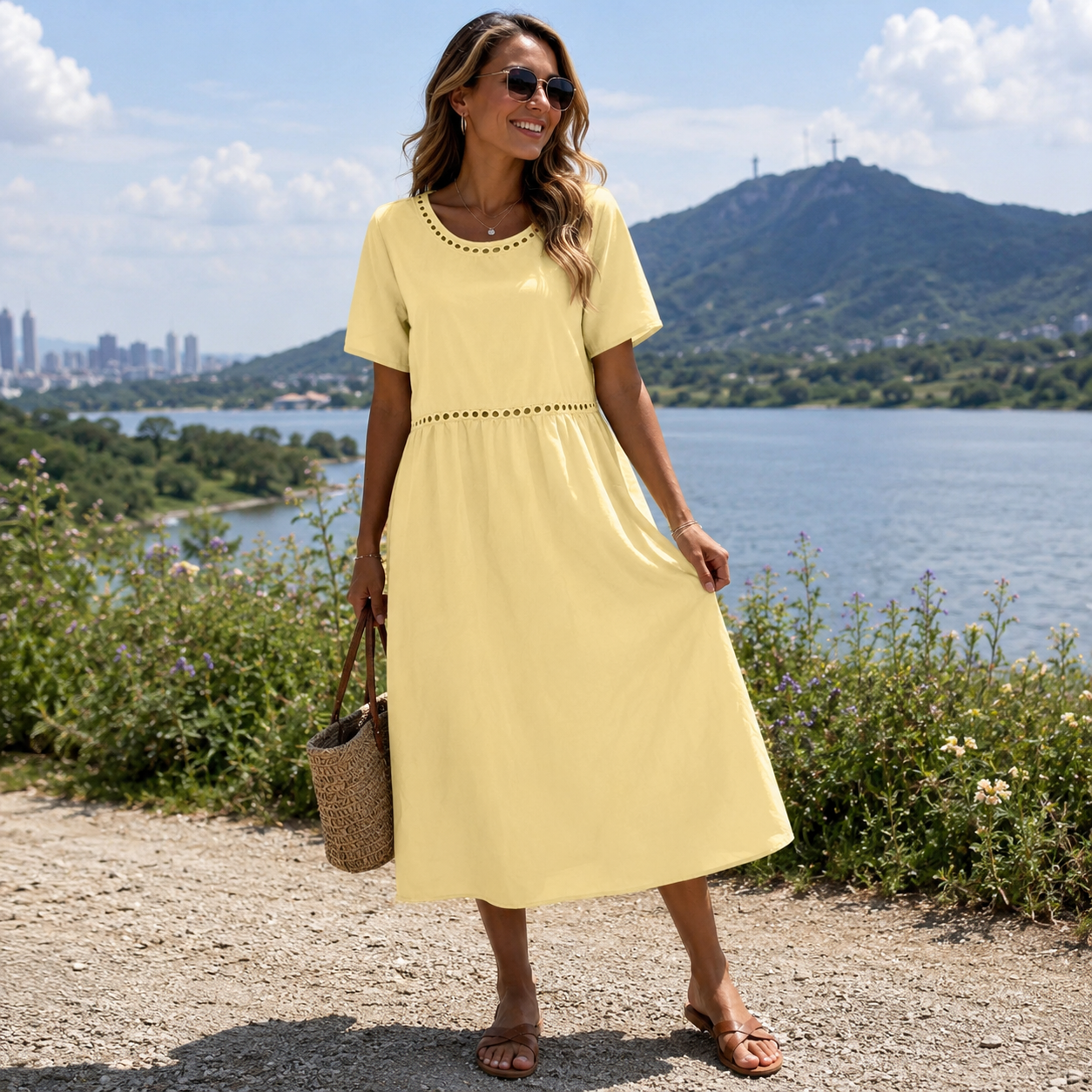 Robe longue Femme Coton Mélangé Coupe Fluide Détails Ajourés